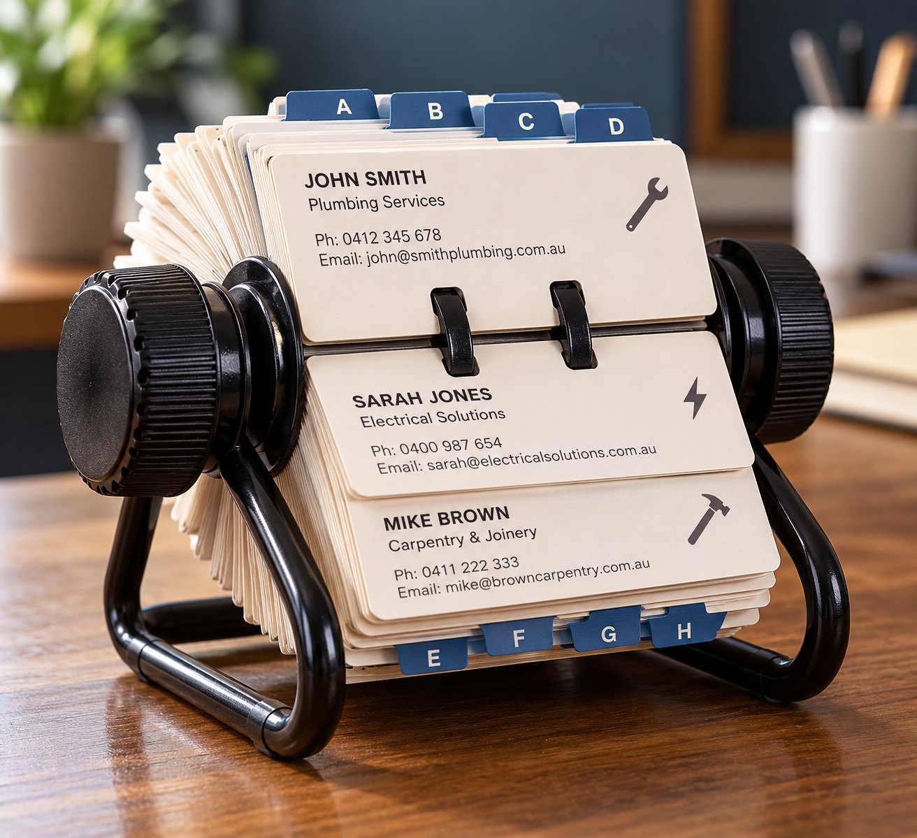 A Rolodex on a desk: a rotating file of business cards with A to H tabs
